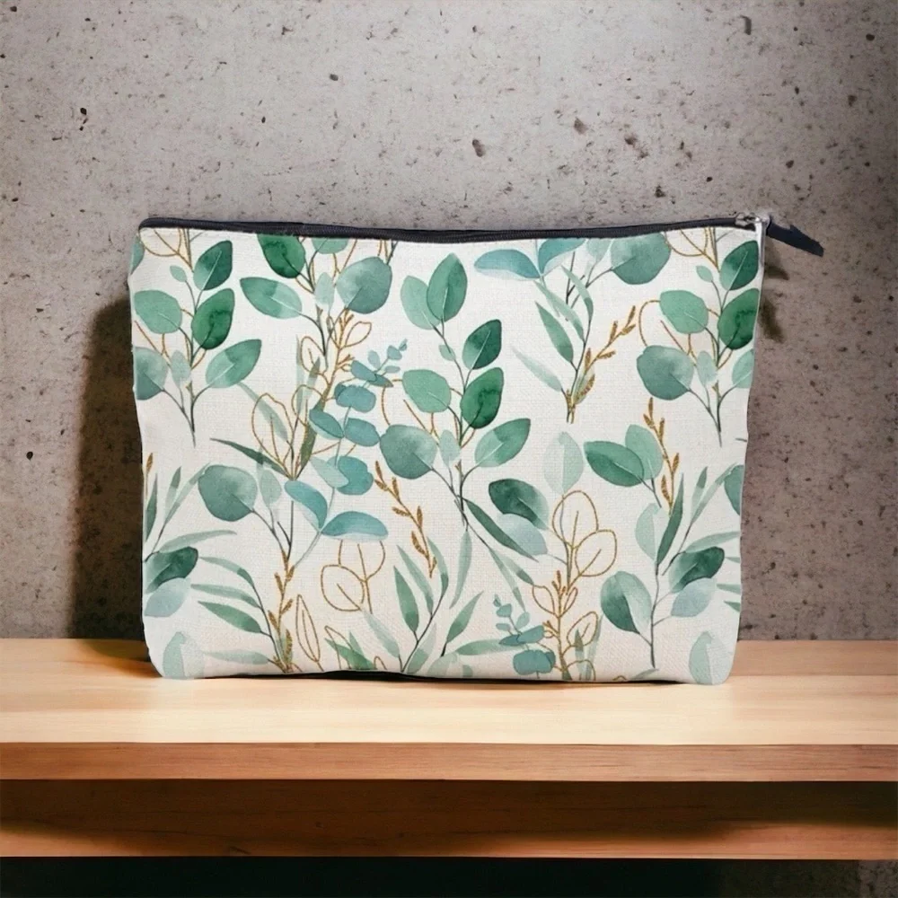 LEAF PRINT CANVAS FABRIC MAKEUP COSMETIC BAG